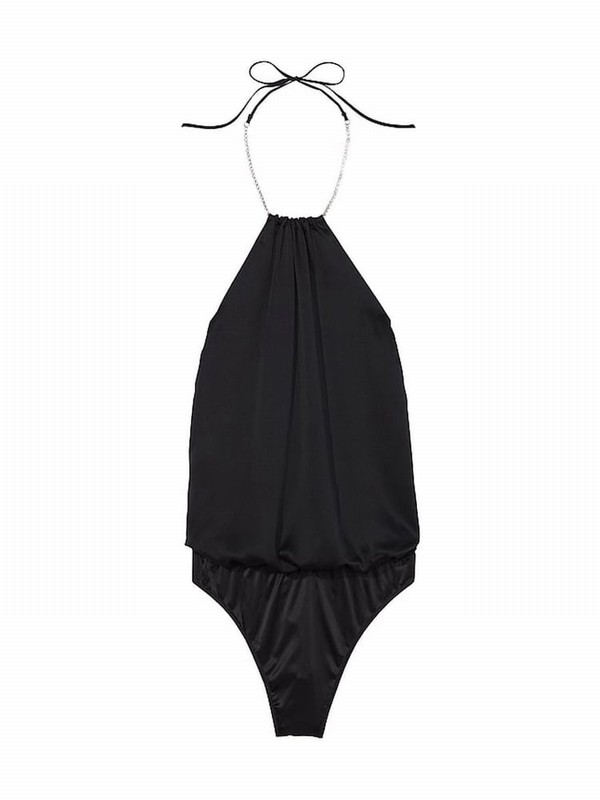 Black Victoria Secret Twinkle Shine Strap Satin Bodysuit Tops | AZJLW4298