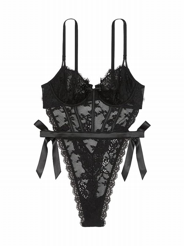 Black Victoria Secret Unlined Balcony Lace Bodysuit Lingerie | QZALS5917