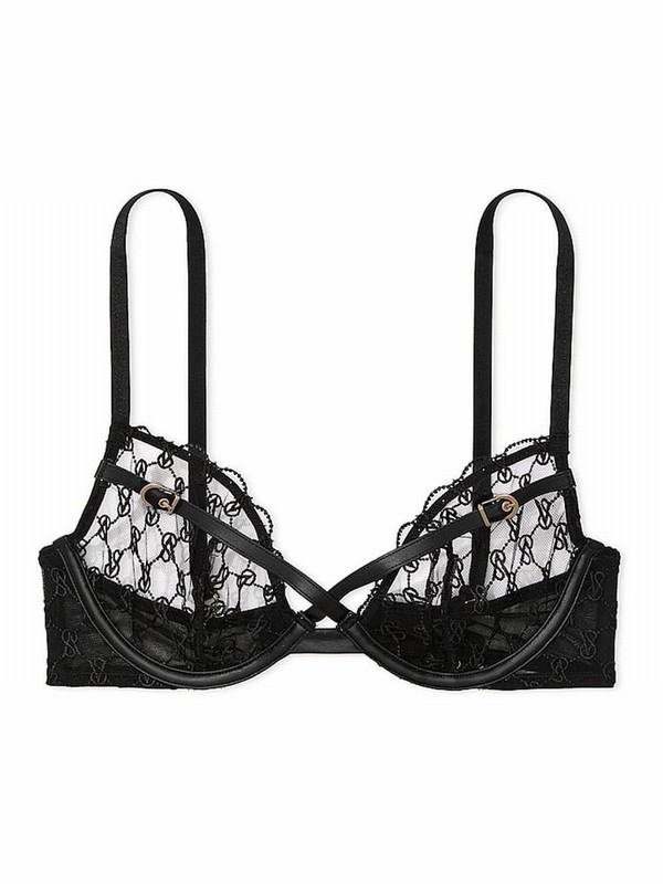 Black Victoria Secret Unlined Demi Faux Leather Monogram Bras | BCLPX5146