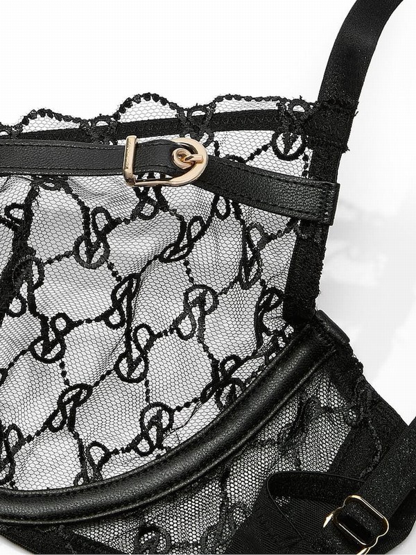 Black Victoria Secret Unlined Demi Faux Leather Monogram Bras | BCLPX5146