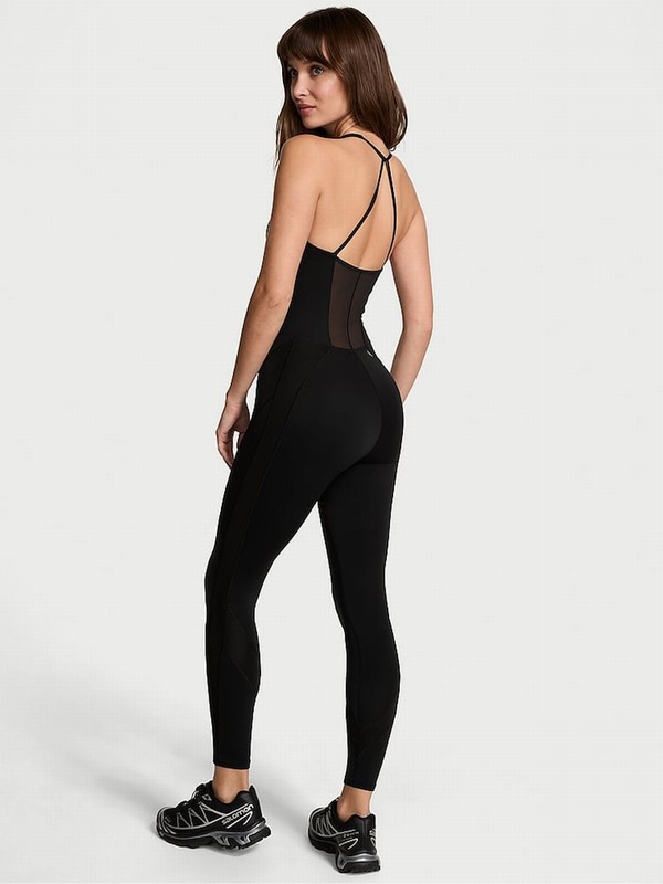 Black Victoria Secret VSX Leather Corset Jumpsuit | QTYJN1478