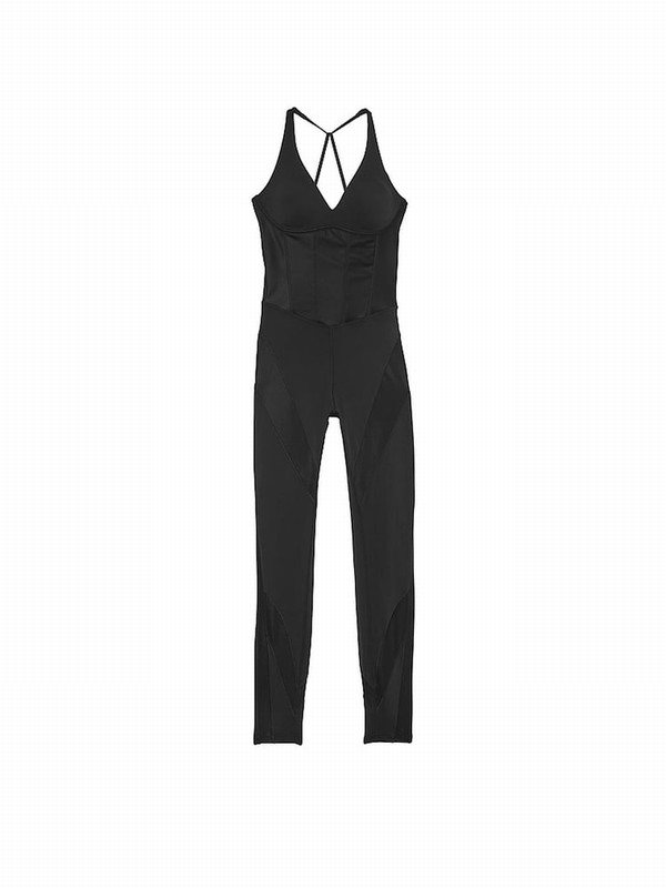 Black Victoria Secret VSX Leather Corset Jumpsuit | QTYJN1478