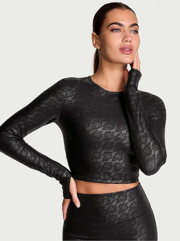 Black Victoria Secret VSX Leather Lace Long Sleeve Crop Top Tops | DXVRC9385
