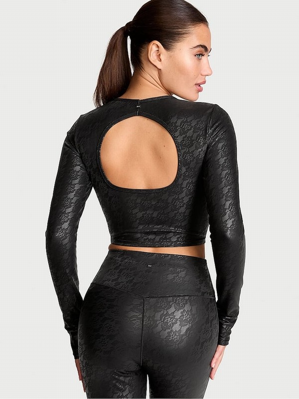 Black Victoria Secret VSX Leather Lace Long Sleeve Crop Top Tops | DXVRC9385