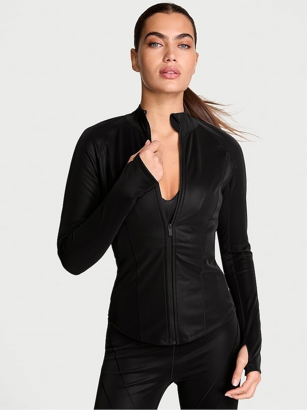 Black Victoria Secret VSX Leather Mix Full Zip Jackets | TIANP3289
