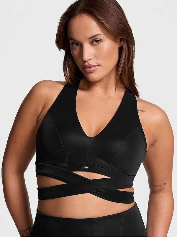 Black Victoria Secret VSX Leather Plunge Wrap Sports Bra | IMRWV3076
