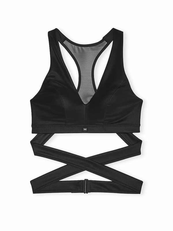 Black Victoria Secret VSX Leather Plunge Wrap Sports Bra | IMRWV3076