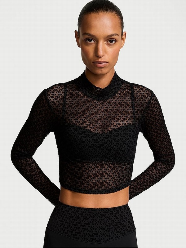 Black Victoria Secret VSX Logo Mesh Long Sleeve Crop Top Tops | SHZBD0546