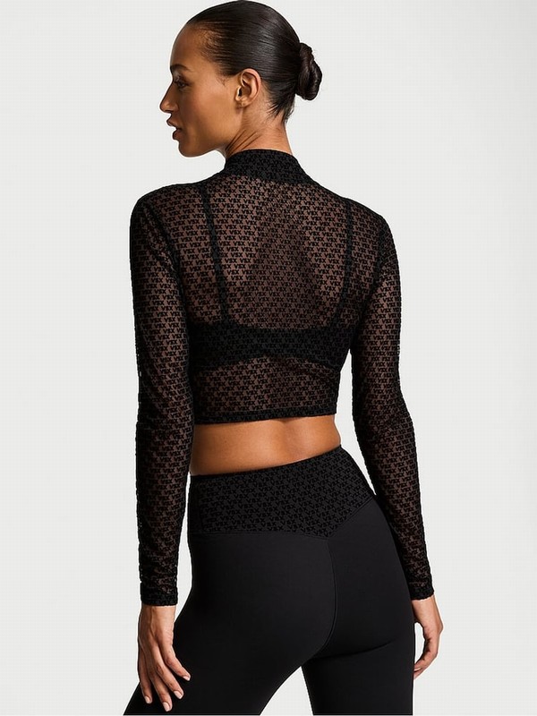 Black Victoria Secret VSX Logo Mesh Long Sleeve Crop Top Tops | SHZBD0546