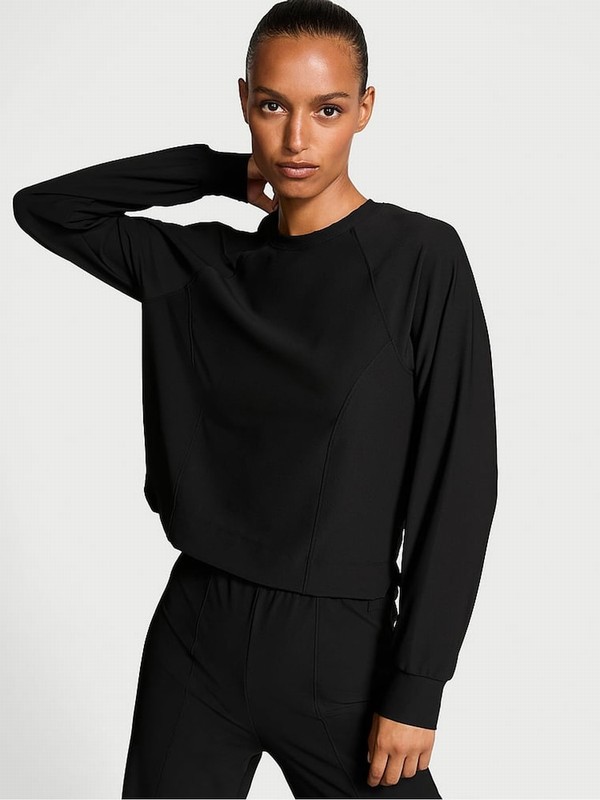 Black Victoria Secret VSX Rib Crew Neck Sweatshirts | XVJKI1936
