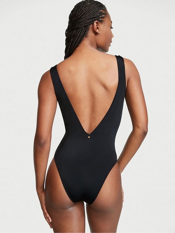 Black Victoria Secret V Neck Plunge Open Backsuit Swimsuits | PUZKY0645