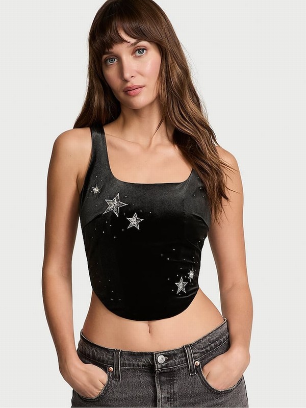 Black Victoria Secret Velvet Star Shine Corset Top Lingerie | LJNUZ3945