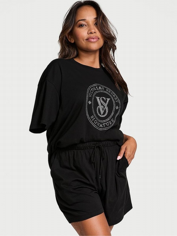 Black Victoria Secret W Rhinestone Graphic Cotton Nightwear | PXZRH3572