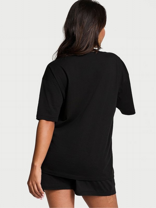 Black Victoria Secret W Rhinestone Graphic Cotton Nightwear | PXZRH3572