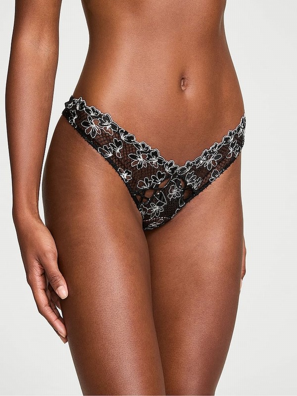 Black Victoria Secret Ziggy EmbroideHigh Leg Thong Underwear | DKZPB0825