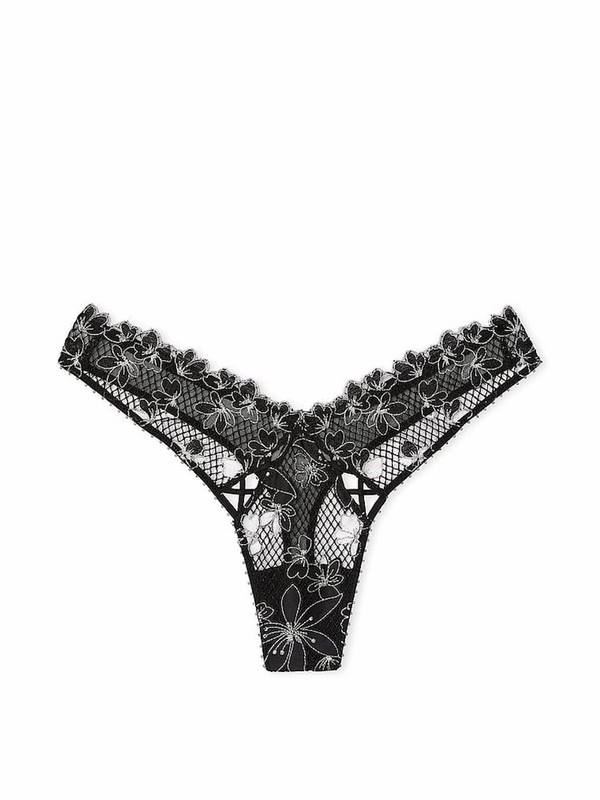 Black Victoria Secret Ziggy EmbroideHigh Leg Thong Underwear | DKZPB0825