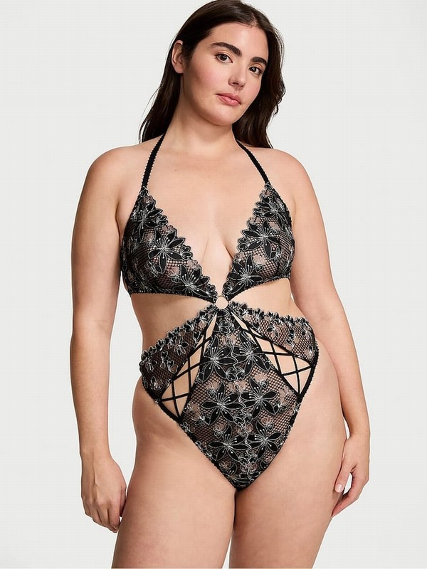 Black Victoria Secret Ziggy Glam Embroidery Cutout Crotchless Bodysuit Lingerie | NBOCK0753