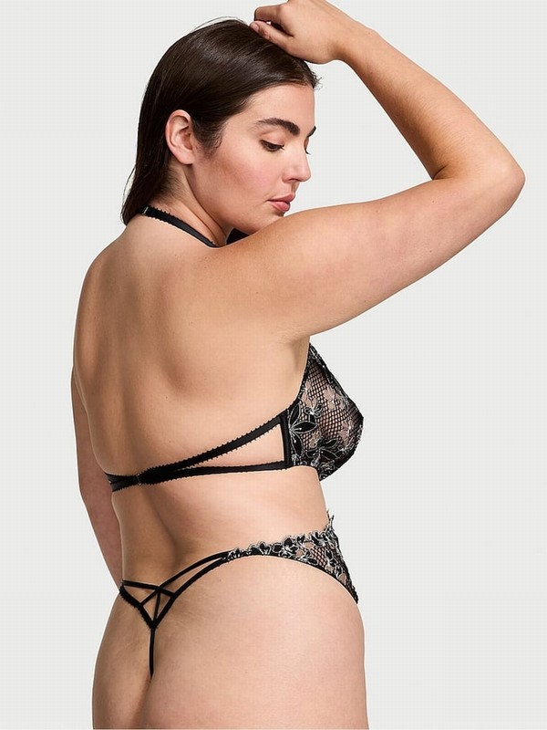 Black Victoria Secret Ziggy Glam Embroidery Cutout Crotchless Bodysuit Lingerie | NBOCK0753