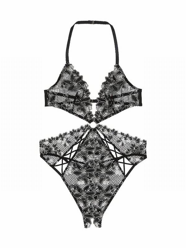 Black Victoria Secret Ziggy Glam Embroidery Cutout Crotchless Bodysuit Lingerie | NBOCK0753