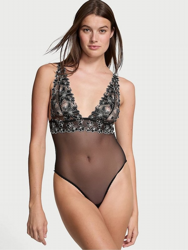 Black Victoria Secret Ziggy Glam Embroidery Plunge Bodysuit Lingerie | DKXYR1829
