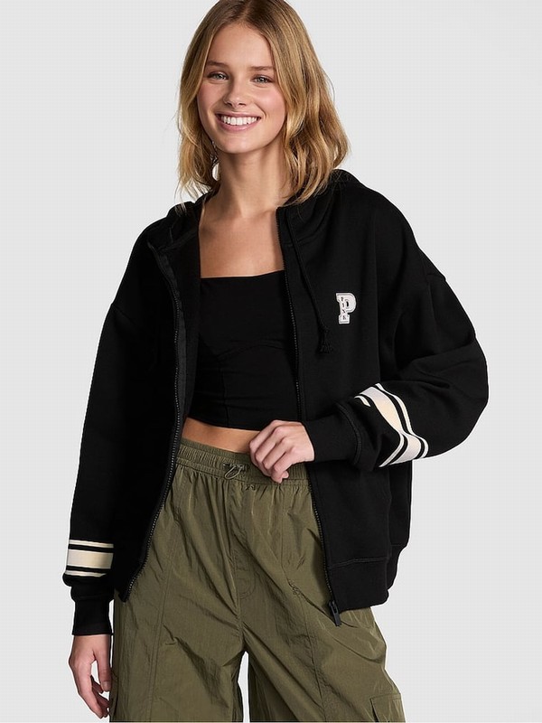 Black Victoria Secret Zip Up Fleece Hoodie | TBXMR7839