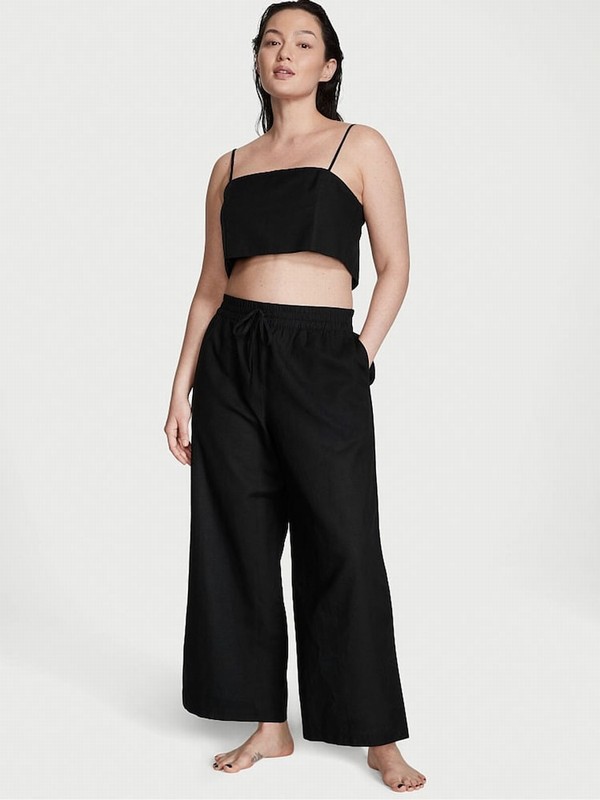 Black / Beige Victoria Secret Linen Crop Top Tops | ZQIOL3685