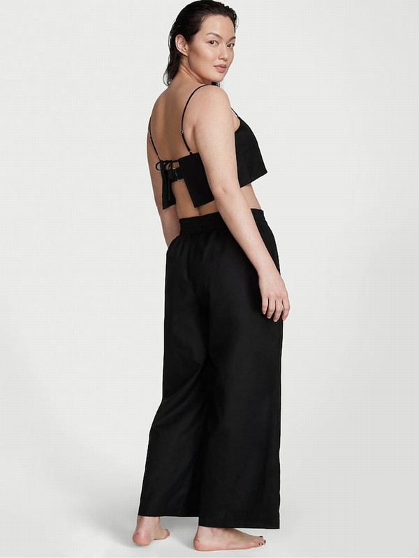 Black / Beige Victoria Secret Linen Crop Top Tops | ZQIOL3685