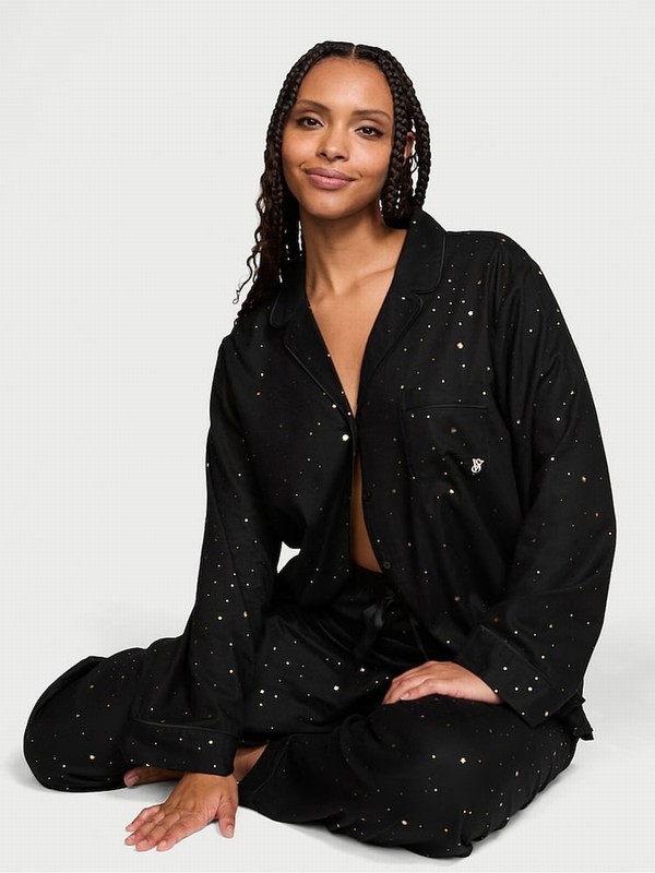 Black / Blue Victoria Secret Foil Night Sky Flannel Long Nightwear | MKSNO1968