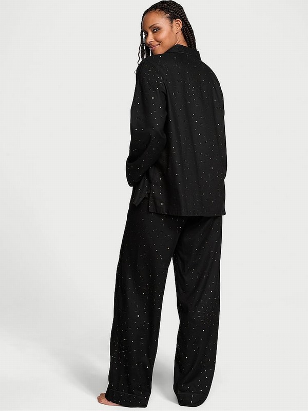 Black / Blue Victoria Secret Foil Night Sky Flannel Long Nightwear | MKSNO1968