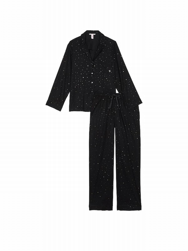 Black / Blue Victoria Secret Foil Night Sky Flannel Long Nightwear | MKSNO1968