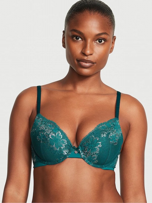 Black / Dark Green Victoria Secret Ivy Lace Full Cup Push Up Bras | XGQFU3867