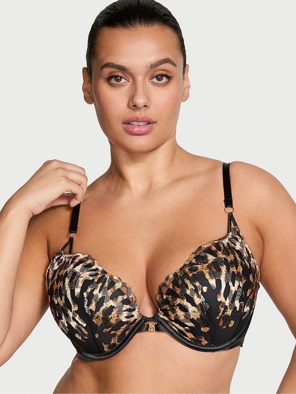 Black / Leopard Victoria Secret Push Up EmbroideBra Bras | MKYFV8603