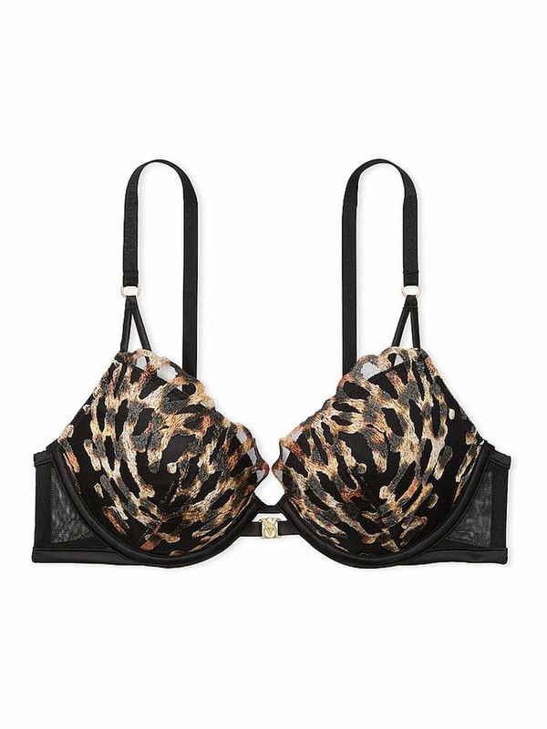 Black / Leopard Victoria Secret Push Up EmbroideBra Bras | MKYFV8603