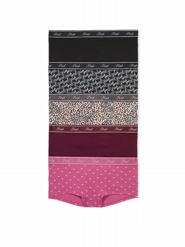 Black / Leopard / Burgundy / Pink Victoria Secret Black/Leopard/Burgundy/Short Logo 5 Pack Underwear | VMKYA8259