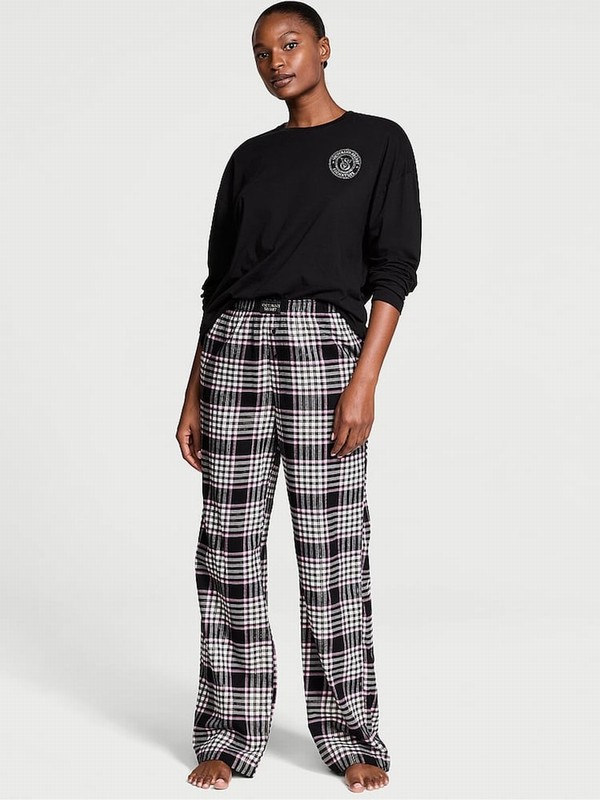 Black / Pink / Black Victoria Secret Xia Plaid Long Sleeve Flannel Nightwear | EGVIY4851