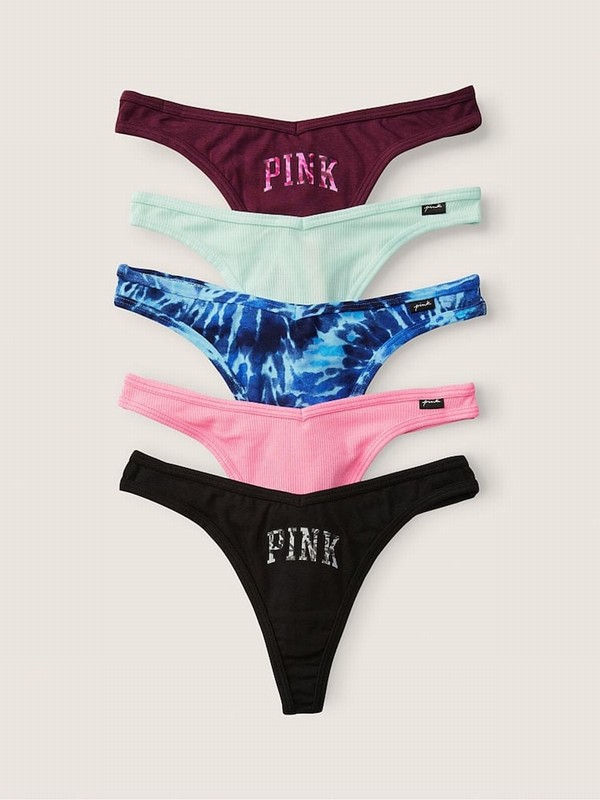 Black / Pink / Blue / Green Victoria Secret Logo Thong Cotton Multipack Underwear | HSORQ5072