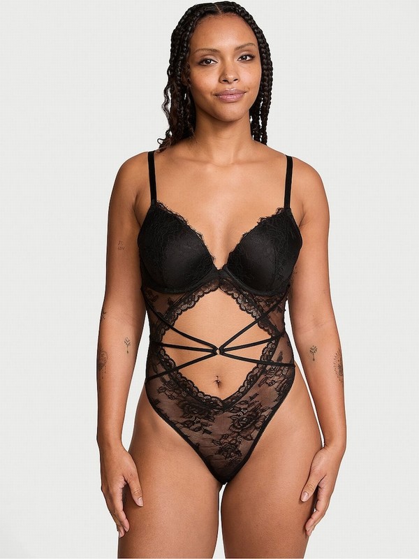 Black / Rose Victoria Secret Lace Bodysuit Tops | DMPWN0683