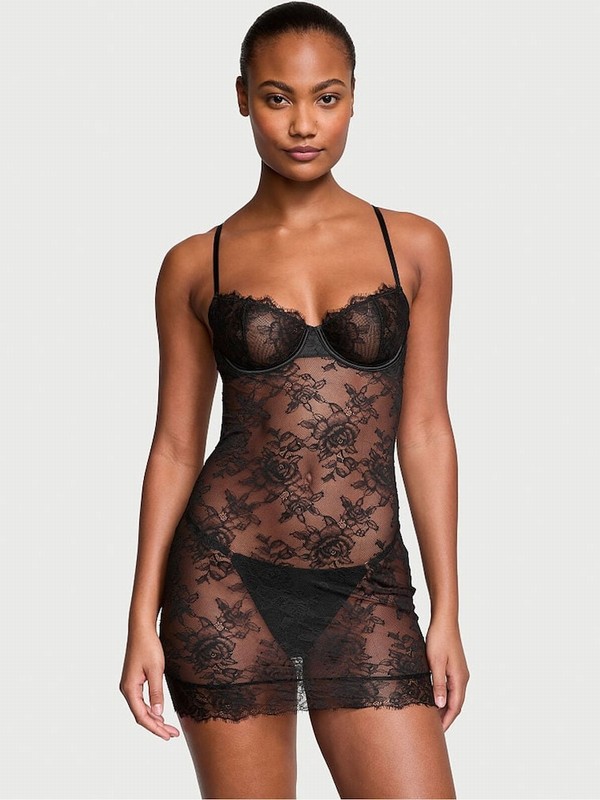 Black / Rose Victoria Secret Lace Cupped Slip Lingerie | WSTLI7915
