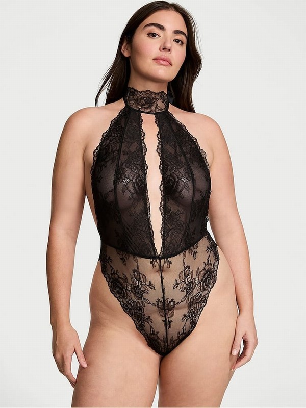 Black / Rose Victoria Secret Lace Halter Crotchless Bodysuit Lingerie | PILFK0746