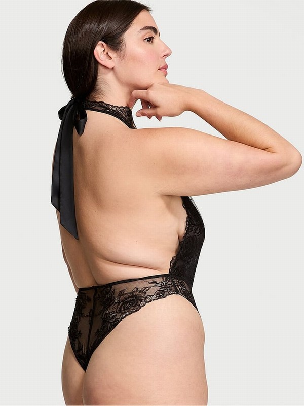 Black / Rose Victoria Secret Lace Halter Crotchless Bodysuit Lingerie | PILFK0746