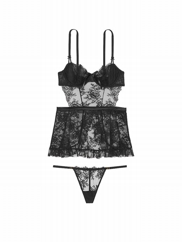 Black / Rose Victoria Secret Lace Unlined Balcony Apron Babydoll Lingerie | JXUGA7560