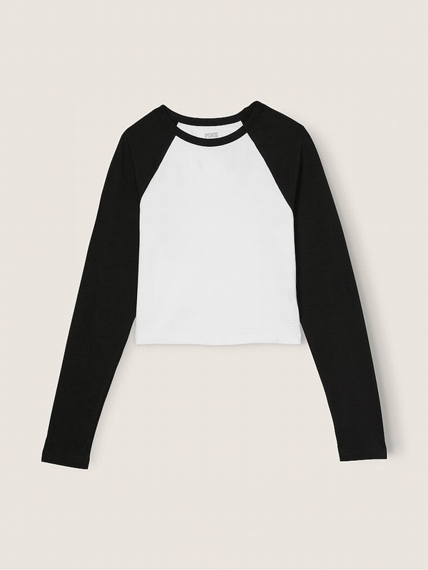 Black / White Victoria Secret Long Sleeve Crop T Shirts | VQJCF1872