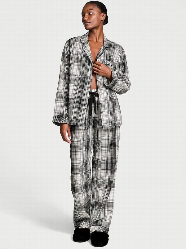 Black / White Victoria Secret Plaid Flannel Long Nightwear | RCBKM6817