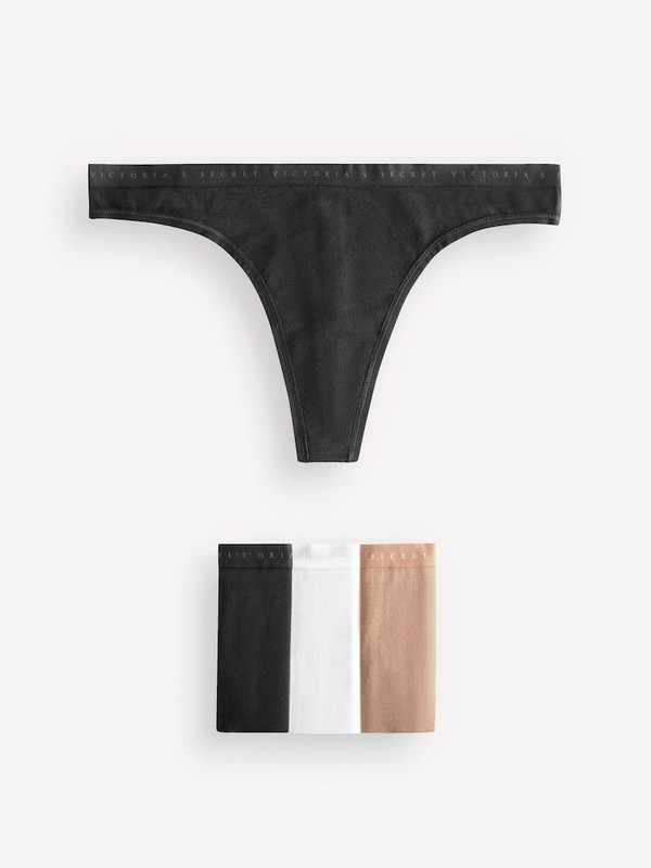 Black / White / Beige Victoria Secret Nude Thong Logo 4 Pack Underwear | FEDKT2674