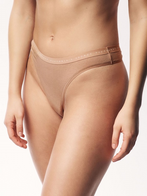 Black / White / Beige Victoria Secret Nude Thong Logo 4 Pack Underwear | FEDKT2674