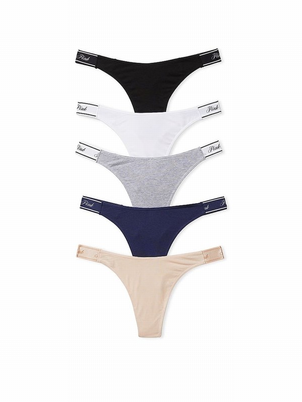 Black / White / Beige / Grey / Navy / Blue Victoria Secret Thong Logo 5 Pack Underwear | CSRJK7842