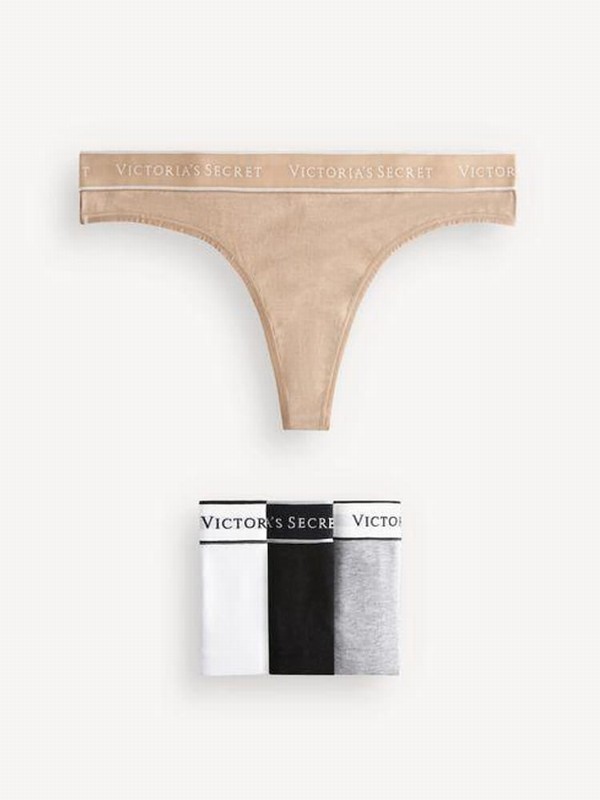 Black / White / Grey / Beige Victoria Secret Nude Thong Logo 4 Pack Underwear | PNFQX0572
