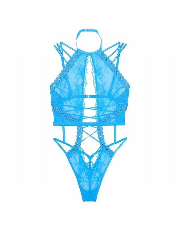 Blue Victoria Secret Capri High Neck Eyelet Bodysuit Tops | AGUSF4617