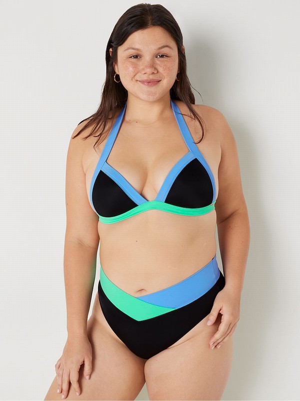Blue Victoria Secret Cornflower Colour Block Push Up Push Up Triangle Halterneck Bikini Top | LAHGF1526
