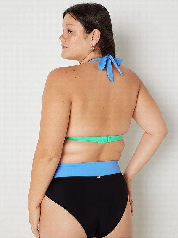 Blue Victoria Secret Cornflower Colour Block Push Up Push Up Triangle Halterneck Bikini Top | LAHGF1526